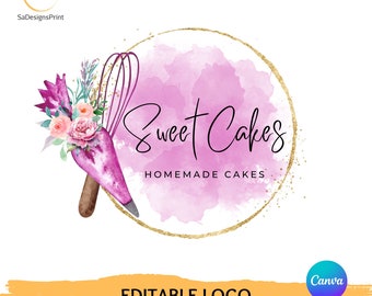 Editable watercolor baking logo for home bakers DIY bakery logo for cake shop, baking utensils logo, baking monogram, pink baking logo diy