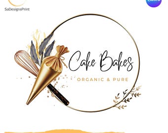 Gold bakery logo Editable Canva logo template bakery business logo DIY gold cake logo gold baking monogram black golden logo baking logo