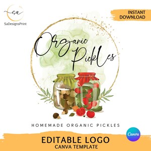 Logotipo de pepinillos. Logotipo de pepinillos en acuarela editable. Logotipo de negocio de pepinillos en mermelada DIY. Logotipo de frascos, logotipo de mermelada, monograma de pepinillos caseros. Logotipo de cocina.