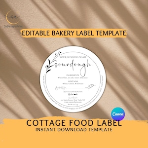 Editable Bakery Label Template Canva | Round Cottage Food Sticker 3x3 2x2 | Sourdough Bread Label Printable ingredients label