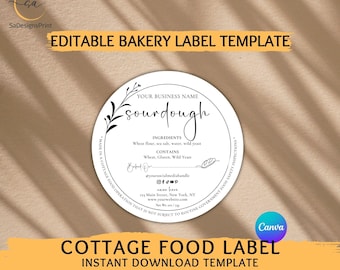 Editable Bakery Label Template Canva | Round Cottage Food Sticker 3x3 2x2 | Sourdough Bread Label Printable ingredients label