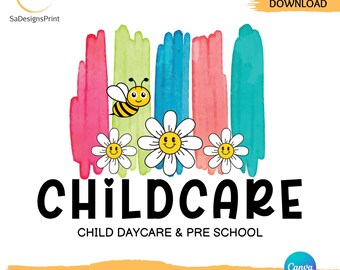 Puede incluir: Un colorido diseño de logotipo de guardería con una abeja y margaritas sonrientes. La palabra "CHILDCARE" está en letras negras en negrita, con el texto "CHILD DAYCARE & PRE SCHOOL" debajo. El diseño incluye las palabras "EDITABLE LOGO" y "CANVA TEMPLATE".