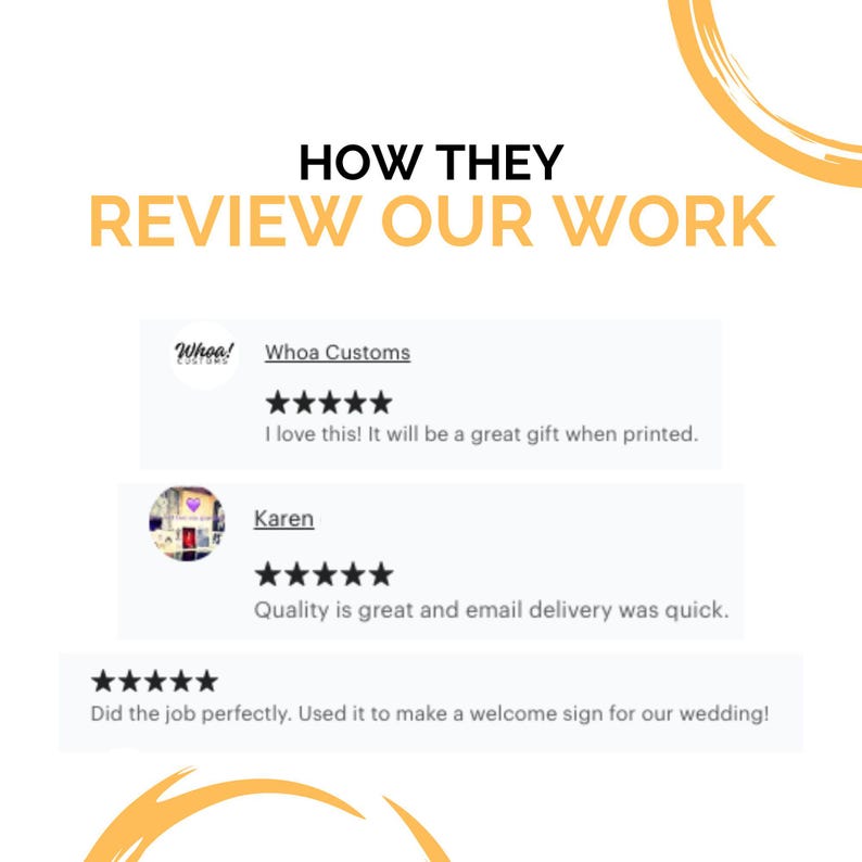 May include: A screenshot of a website showing customer reviews for a business called "Whoa! Customs". The reviews are all positive and include five-star ratings. The text of the reviews includes phrases like "I love this! It will be a great gift when printed." and "Quality is great and email delivery was quick."