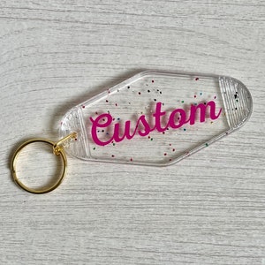 Hotel Keychain Transparent with Glitter with Barbie inspired text | Personalized Keychain | Bridesmaids custom keychain | Barbie Keychain