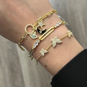Vergoldetes Bettelarmband | Mit Verlängerung | Silber | Geschenk | Zirkonia | Erschwinglich | Minimalistisch | Böser Blick | Mond und Stern | Reduziert