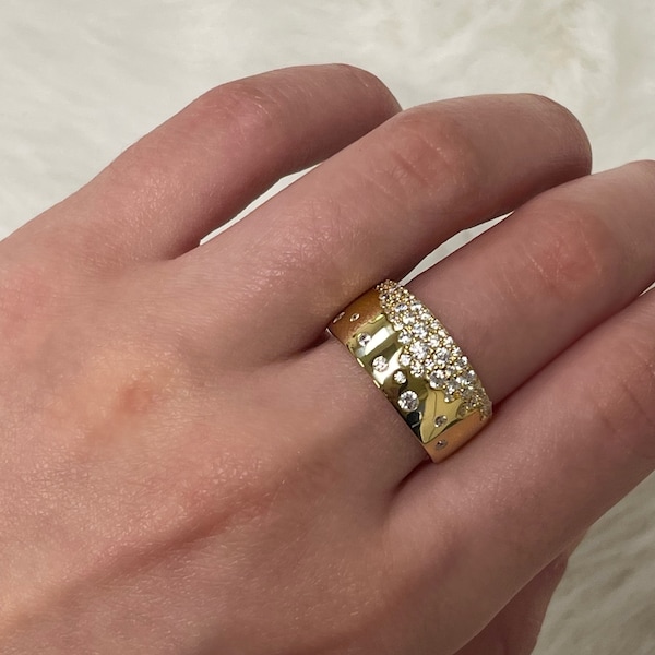 Thicker Gold Plated Cigar Band | Bubble Ring | Sterling Silver | Affordable Jewelry | Simulated Diamonds | Statement Ring | On Sale