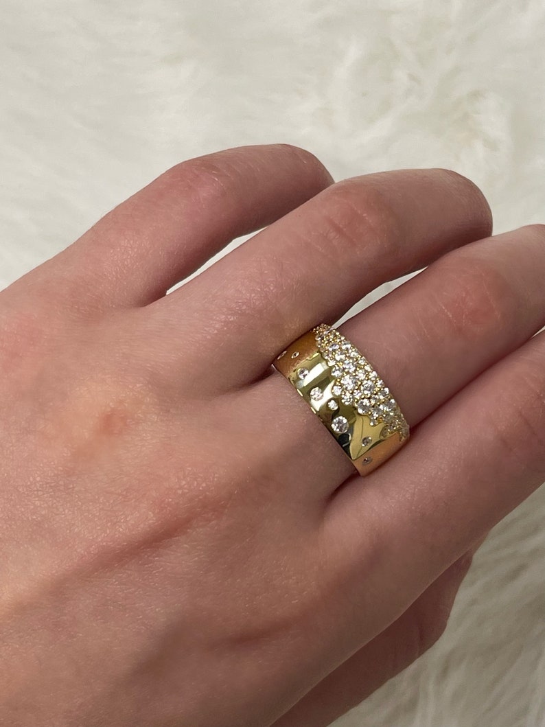 Thicker Gold Plated Cigar Band Bubble Ring Sterling Silver Affordable Jewelry Simulated Diamonds Statement Ring On Sale image 1