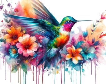 Watercolor Hummingbird Art Print, Floral DIY Wall Decor (Digital Download)