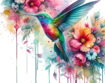 Hummingbird Floral Art Print, Colorful Bird Illustration (Digital Download)