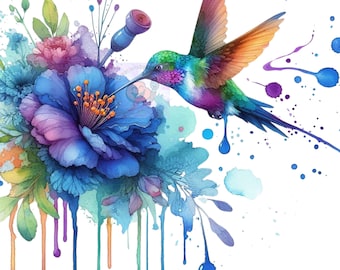 Kolibri Kunstdruck, bunte Vogel Illustration, Natur Wand dekor (Digitaler Download)