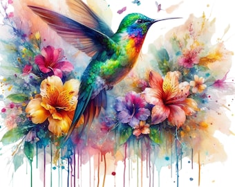Hummingbird Floral Art Print, Nature Wall Decor (Digital Download)