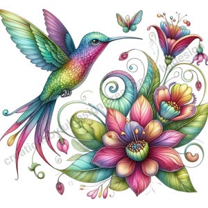 May include: A vibrant illustration of a hummingbird in flight, featuring a spectrum of colors from green and blue to pink and purple. The bird is positioned near a cluster of stylized flowers and a butterfly, all set against a white background.