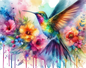 Kolibri Aquarell Kunstdruck, bunte Vogel Illustration (Digitaler Download)