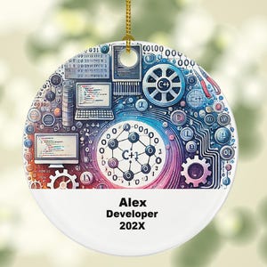 May include: A round, white ceramic ornament with a gold string for hanging. The ornament features a colorful design of computer code, gears, and the text "Alex Developer 202X". The design includes the C++ symbol.