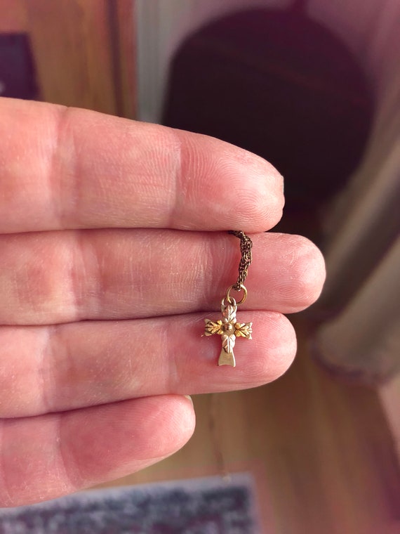 Vintage 10k Rose Gold Very Tiny Cross with Applied
