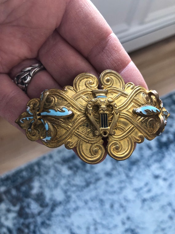 Antique French Victorian Brass Blue Enamel Guilloc