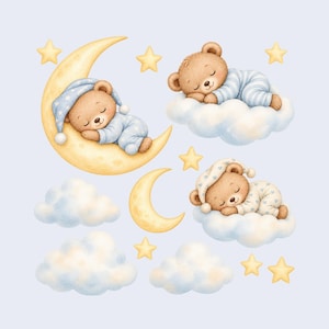 May include: A collection of illustrations featuring three brown teddy bears sleeping on yellow crescent moons and white clouds, accented by several small yellow stars. The bears wear blue and white striped or patterned pajamas and nightcaps.