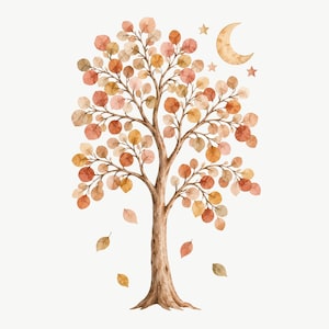 May include: A watercolor illustration of a tree with a brown trunk and branches featuring round leaves in shades of orange, yellow, and muted red. Several leaves are falling from the branches. A crescent moon and two small stars are visible.
