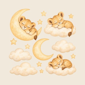 May include: A collection of watercolor-style illustrations featuring three sleeping lion cubs, two crescent moons, several fluffy clouds, and multiple five-pointed stars in shades of soft yellow, cream, and light brown on a solid background.