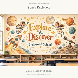 Personalized Space Explorers Classroom Wallpaper Peel and Stick, Custom School Name Wall Mural, Explore and Discover Decor