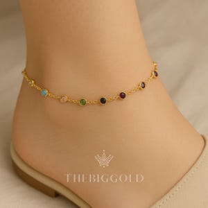14k Gold Station Anklet Bracelet with 3mm Round Cubic Zirconia, Summer Jewelry, Colorful Anklet, Multi-Color Ankle Bracelet