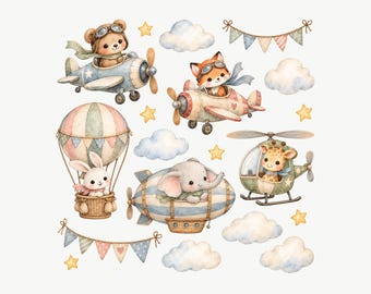 Puede incluir: Una colección de ilustraciones en acuarela que presenta un oso en un avión azul, un zorro en un avión rojo, un conejo en un globo aerostático, un elefante en un dirigible a rayas y una jirafa en un helicóptero, con nubes, estrellas y banderines.