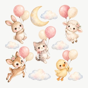 May include: A collection of watercolor illustrations featuring a brown bunny, a white lamb, a gray tabby kitten, a brown fawn, and a yellow chick. Each animal holds pink and cream balloons. A yellow crescent moon and blue clouds are included.