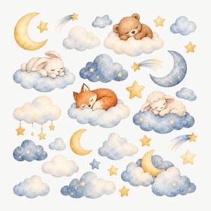May include: A collection of watercolor illustrations featuring a sleeping brown bear, a white rabbit, an orange fox, and a white lamb, each resting on fluffy blue and white clouds, accompanied by yellow crescent moons, shooting stars, and small stars.