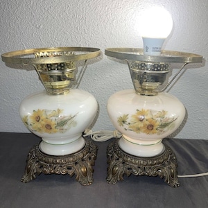 Vintage 3 Way Hurricane Lamps White with Flowers Green Trim 17.5&quot; SET