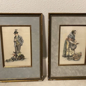 PAUL GEISSLER Etchings &quot;Vegetabel Seller&quot; & &quot;GEMUSEFRAU&quot; Print/Framed