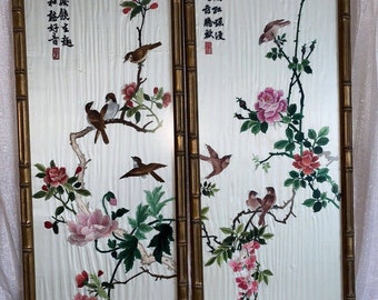 2 Chinese Silk Embroidery Panel Bird Calligraphy Textile Tapestry Bamboo Framed