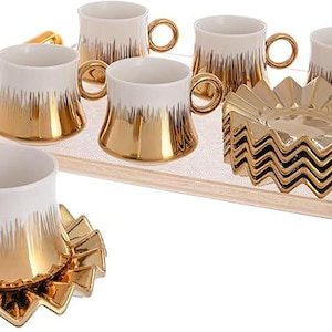 GLOXZY Turkish Coffee Cup Set of 6 with Saucers & Tray - Luxury Arabic Greek Japanese Marble Ceramic Tea Cups - 6.7oz,- White