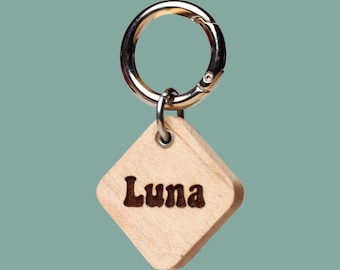 MCM Maple Dog Cat Wood Tag – Diamond Shape, Custom Engraved Pet Name Tag