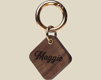 MCM Walnut Dog Cat Wood Tag – Diamond Shape, Custom Engraved Pet Name Tag