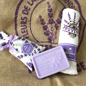 Lavender Gift Set from Provence: Sachet, Essential Oil Soap, Embroidered Towel
