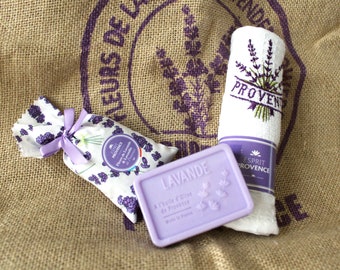 Lavender Gift Set from Provence: Sachet, Essential Oil Soap, Embroidered Towel