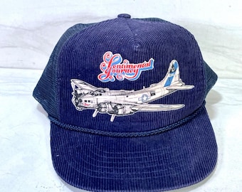Vintage 80s Sentimental Journey B-17G Flying Fortress Corduroy Trucker Hat Blue
