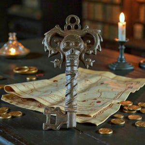 May include: A detailed, antique-style key with a skull design on the head. The key is made of a dark, metallic material and rests on a map with scattered gold coins. A lit candle and other decorative items are in the background.