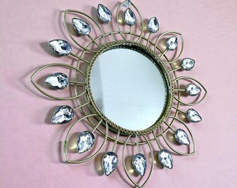 Vintage Style Gold Sunburst Mirror Jewel Rhinestone Starburst Wall Decor 10"