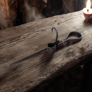 May include: A handcrafted, antique-style metal tool with a hook, ring, and long, pointed blade, resting on a weathered wooden surface. The tool is dark gray, and the wood has a natural, aged appearance. A lit candle in a small holder is in the background.