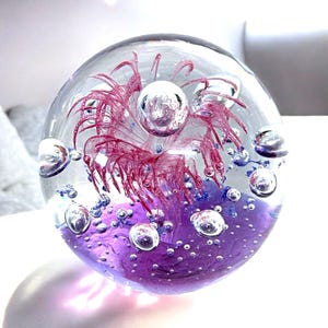 Hand blown 3lbs Art Glass Paperweight Purple Firework Controlled Bubble