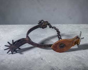 Antique August Buermann Cowboy Spur 10-Point Star Rowel Heel Chain Leather Strap