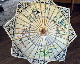 Vintage Asian Bamboo Rice Paper Parasol Umbrella Hand Painted Birds Flowers 27”