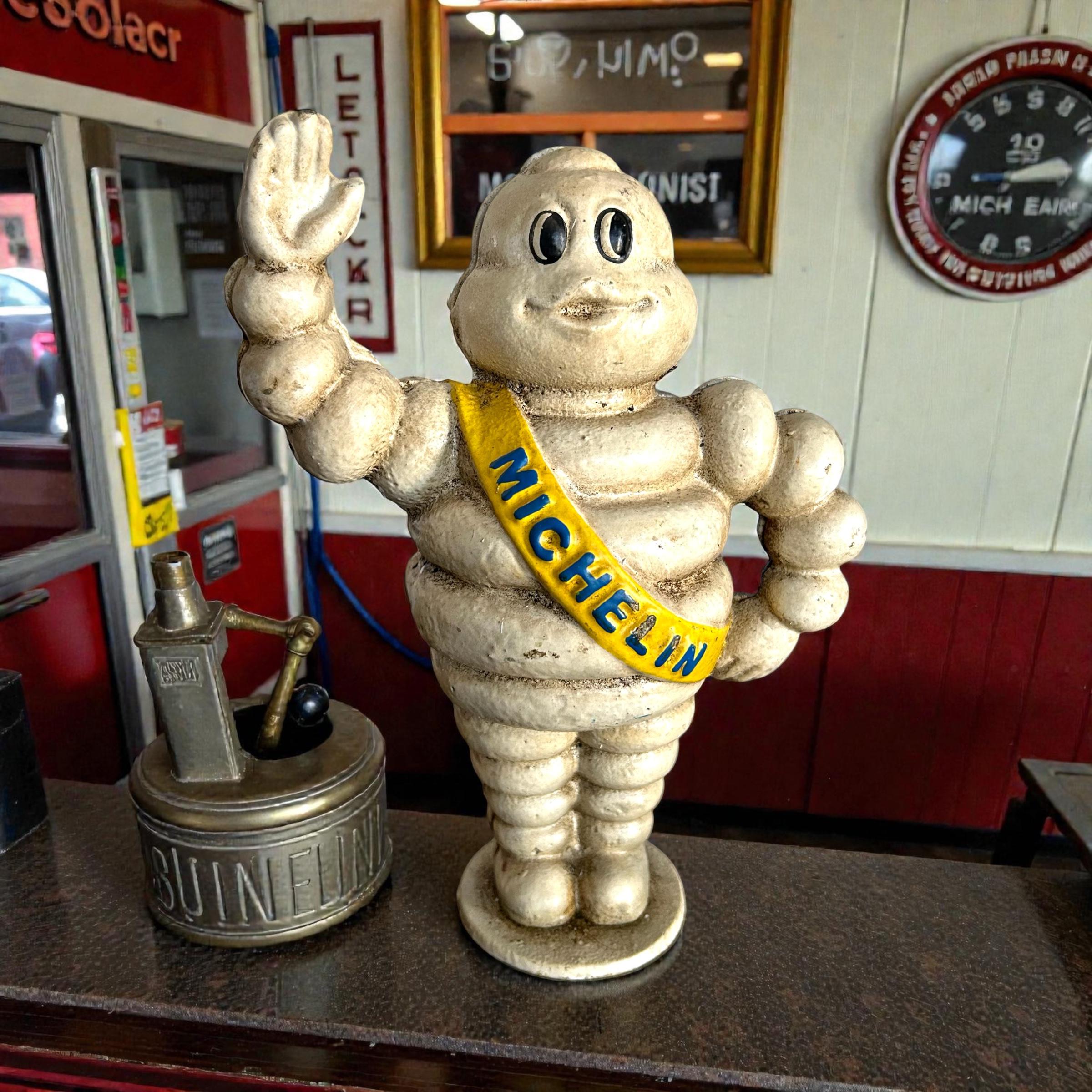 Vintage Style Cast Iron Michelin Man Bank Waving Bibendum Tire