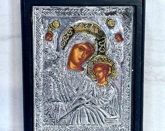 Vintage byzantinische Ikone Jungfrau Maria & Kind Jesus Silberton Plakette auf Holz