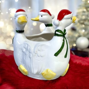 Vintage 1970s Christmas Ceramic Goose Center Piece Planter Made in Japan