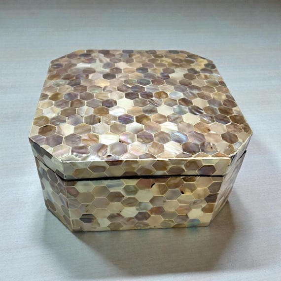 Global Views Mother of Pearl 8" Octagon Decorative Box Mosaic Honeycomb Keepsake