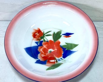 Vintage stevige dennen Chinese emaille schaal 11" bloemen rode pioen roze rand