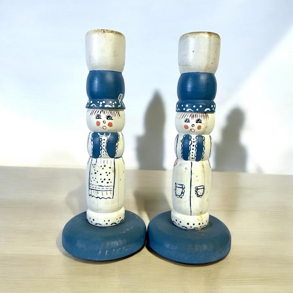 Vintage 1960s Wooden Retro Americana Candlestick Candle holders Painted Folk Art