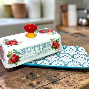 Die Pionierin Vintage Floral Überzogene Butterdose Steinzeug Roter Knopf Bauernhaus
